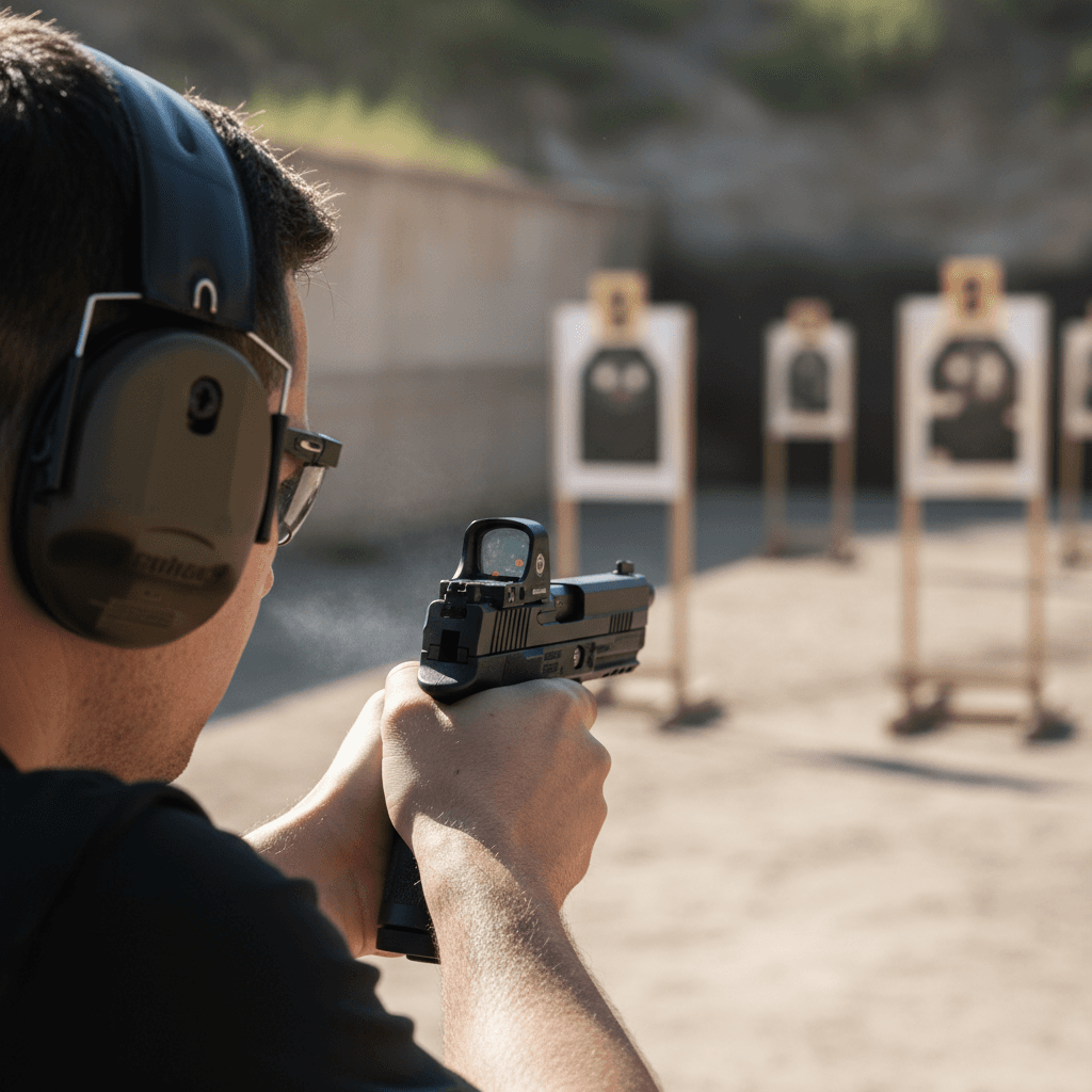 Officer concentrating during precision shooting sequence at match