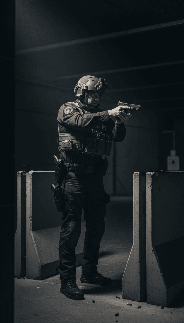 Active law enforcement officer performing controlled handgun draw at Phoenix training facility