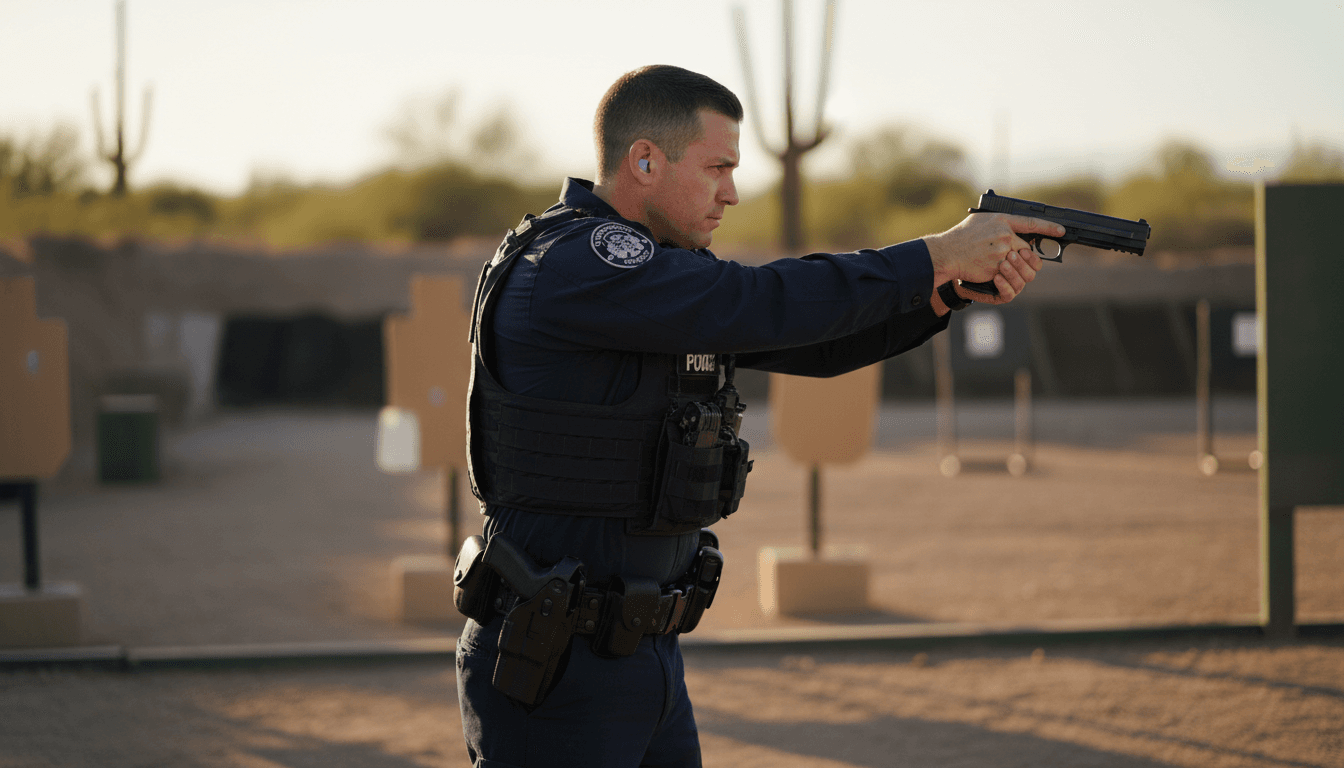 Law enforcement officer demonstrating proper draw technique at outdoor shooting range