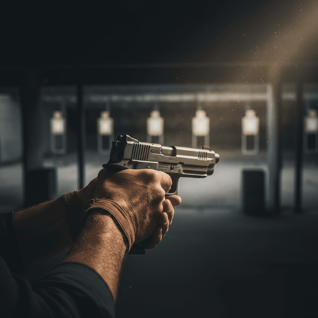 Law enforcement officer demonstrating proper handgun grip and control